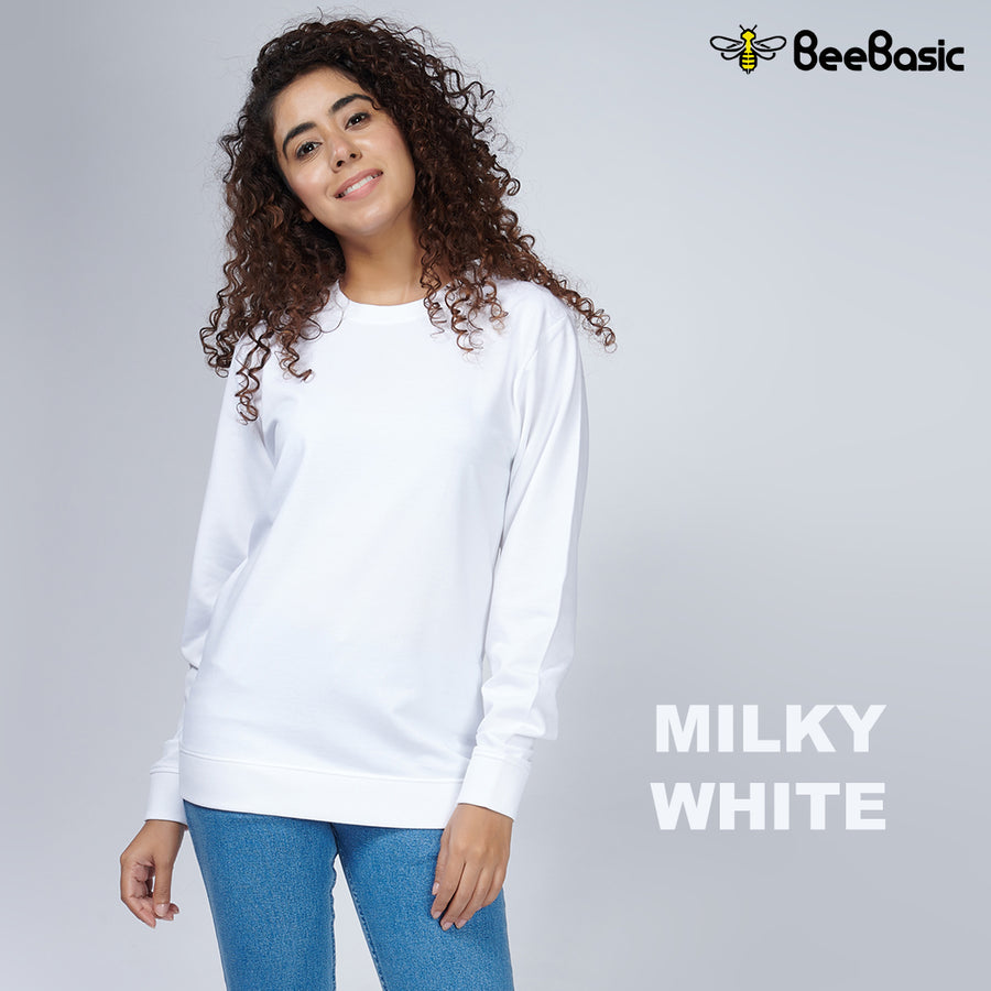 Milky White Crew Neck Sweatshirt for Women