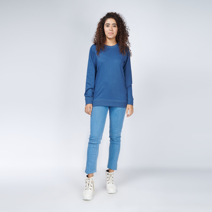 Denim Blue Crew Neck Sweatshirt for Women